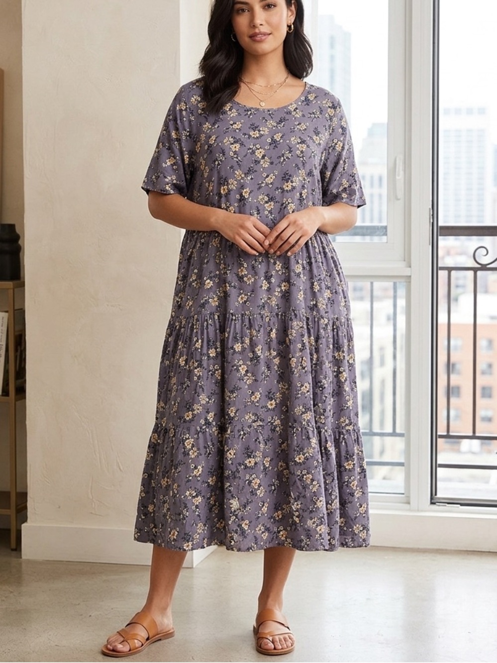 Ditsy Floral Midi Smock Dress 5XL Plus Size Grey Blue Short Sleeve Tiered❤️